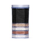 Eine transparente Wasserfilter-Kartusche im Querschnitt, die fünf verschiedene Schichten von Filtermedien wie Aktivkohle und Mineralien zeigt.