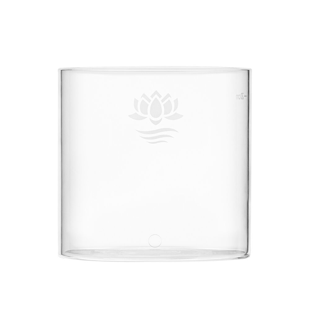 Zylindrischer Vorratstank aus Glas mit dezentem Markenlogo, passend als Ersatzteil für einen Wasserfilter.