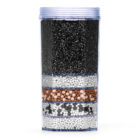 Eine transparente Wasserfilter-Kartusche im Querschnitt, die die einzelnen Schichten aus Aktivkohle und Mineral-Keramiken zur Wasseraufbereitung zeigt.