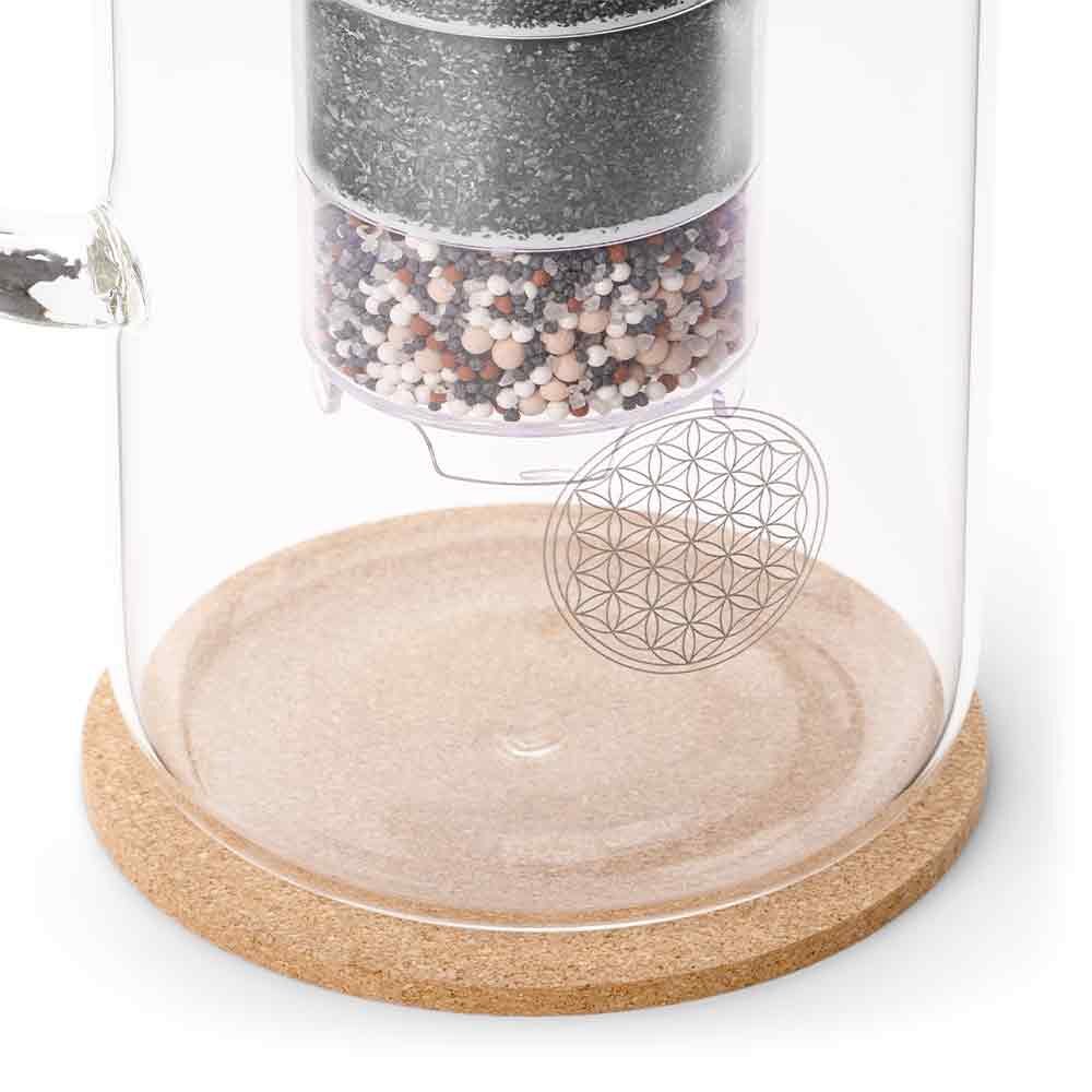 Detailaufnahme einer Wasserfilter-Glaskaraffe mit Blume des Lebens-Gravur und sichtbarer Filterkartusche auf einem Korksockel.