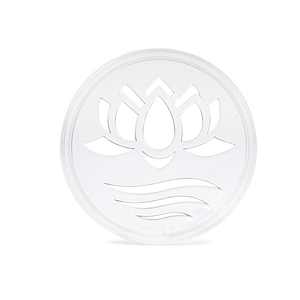 Transparente Abdeckkappe für Wasserfilter-Kartuschen mit eingestanztem Lotus-Logo.