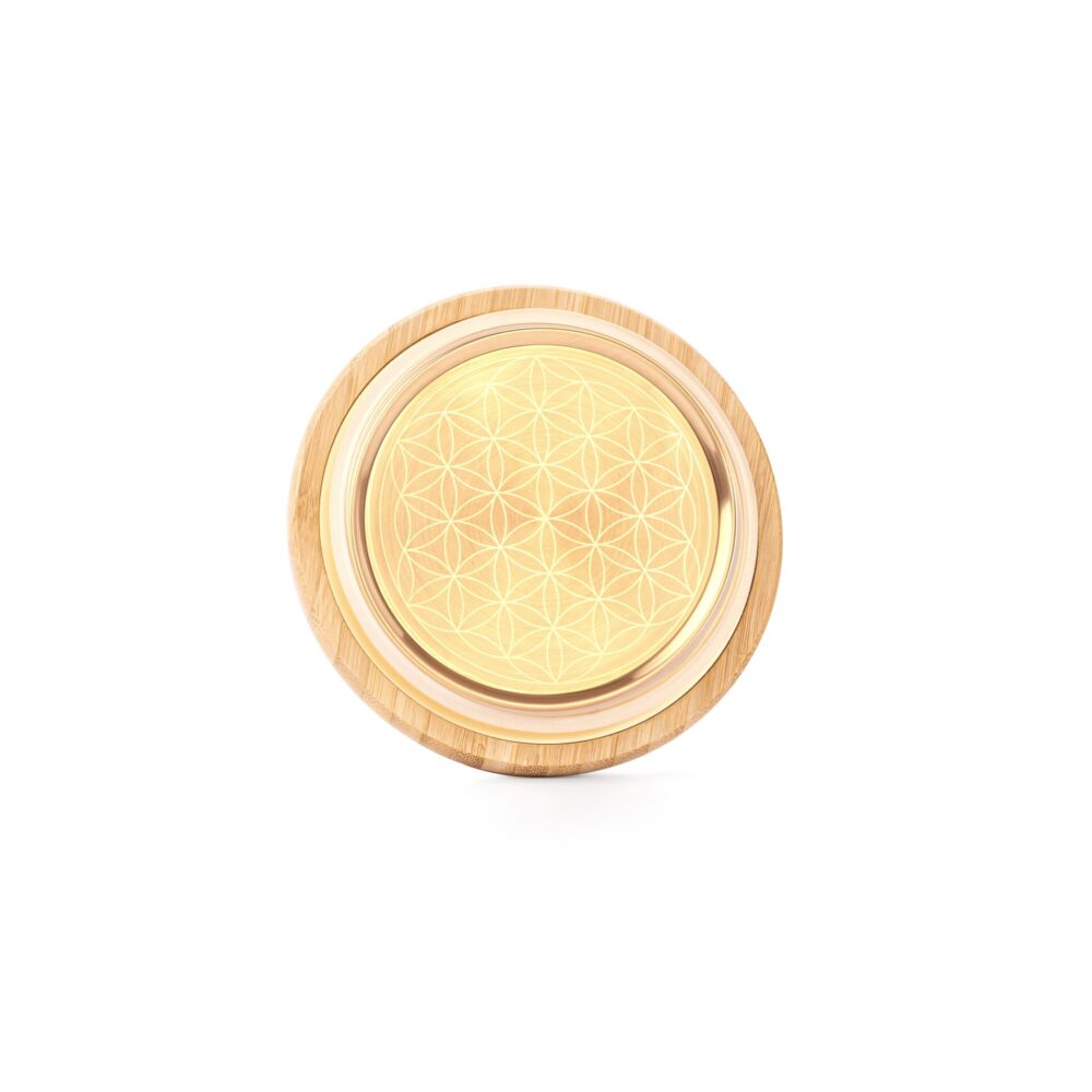 Edler Bambusdeckel mit goldener Einlage, verziert mit dem eingravierten Symbol der Blume des Lebens.