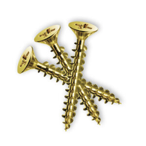 Drei goldfarbene, selbstschneidende Schrauben zur Montage des Holzsockels von Lotus Vita Wasserfiltern.