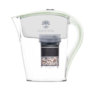 Ein zartgrüner Wasserfilterkrug für Familien, dessen transparenter Behälter den Blick auf die Filterkartusche mit verschiedenen Mineralschichten freigibt.