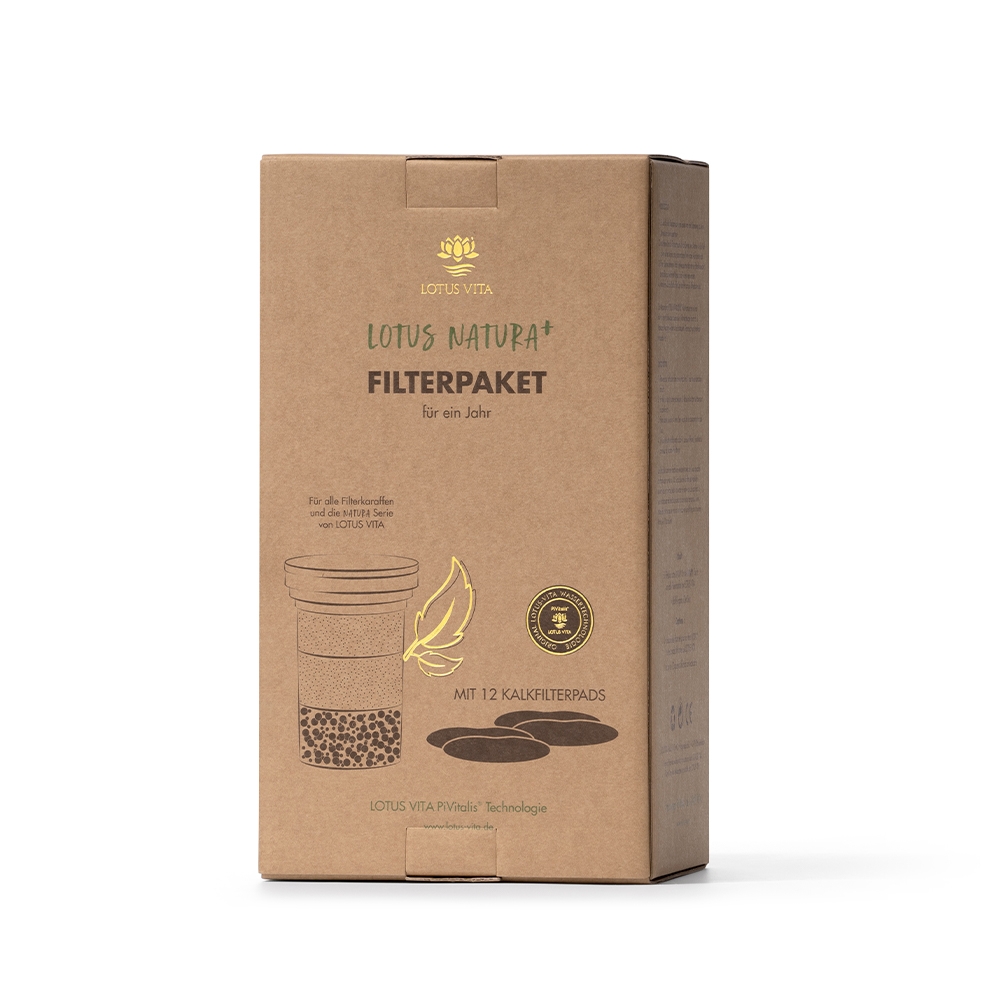 Jahresvorrat an Wasserfilter-Kartuschen und Kalkfilter-Pads in einer umweltfreundlichen Kartonverpackung von Lotus Vita.