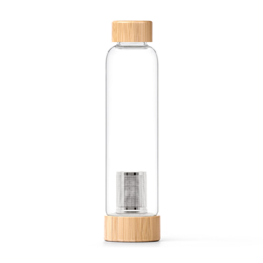 Schlanke Tee-Glasflasche mit Bambusdeckel und -boden sowie einem integrierten Edelstahlsieb.